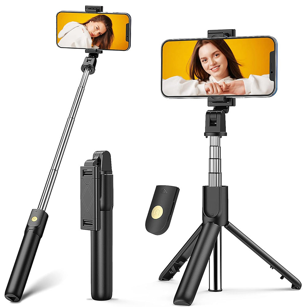 Techsuit - Selfie Stick (K07) - Compact Tripod Mount with Bluetooth Remote Control, Foldable, 70cm - Black