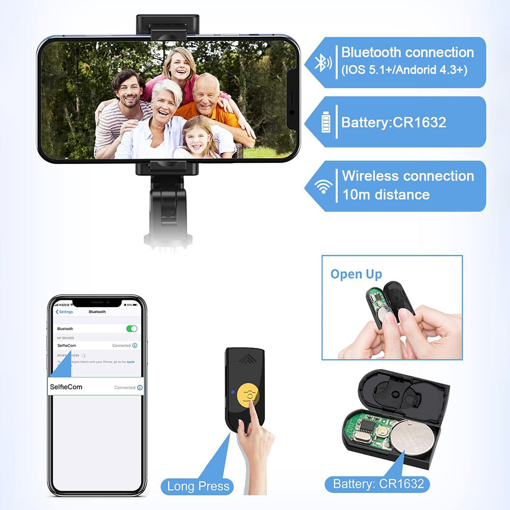 Techsuit - Selfie Stick (K07) - Compact Tripod Mount with Bluetooth Remote Control, Foldable, 70cm - Black