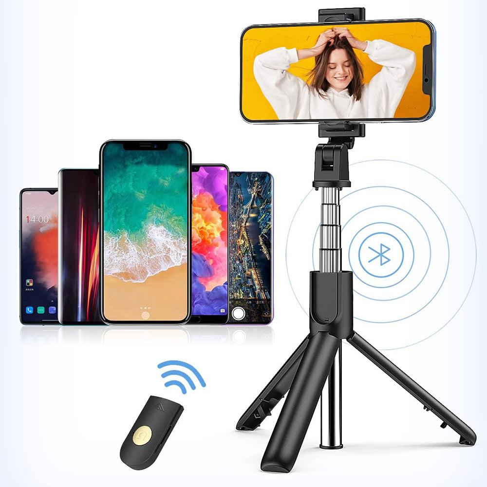 Techsuit - Selfie Stick (K07) - Compact Tripod Mount with Bluetooth Remote Control, Foldable, 70cm - Black