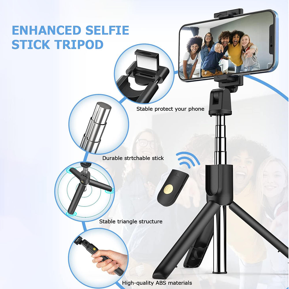 Techsuit - Selfie Stick (K07) - Compact Tripod Mount with Bluetooth Remote Control, Foldable, 70cm - Black