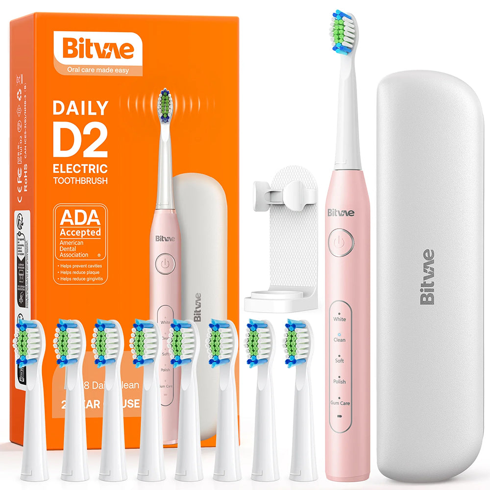 Bitvae - Electric Toothbrush Daily (D2) - Ultrasonic, 8 Heads, Case, Timer, 5 Modes, W-shape Bristles, Rechargeable - Pi
