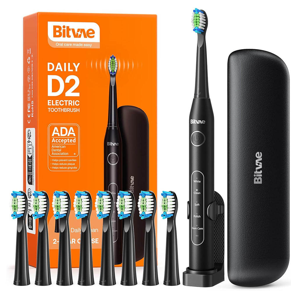 Bitvae - Electric Toothbrush Daily (D2) - Ultrasonic, 8 Heads, Case, Timer, 5 Modes, W-shape Bristles, Rechargeable - Bl