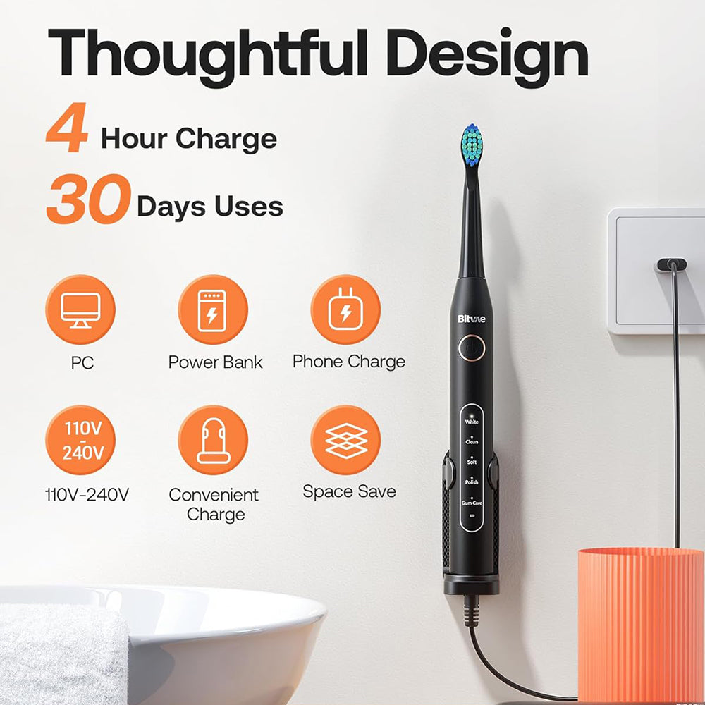 Bitvae - Electric Toothbrush Daily (D2) - Ultrasonic, 8 Heads, Case, Timer, 5 Modes, W-shape Bristles, Rechargeable - Bl