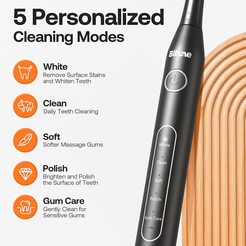 Bitvae - Electric Toothbrush Daily (D2) - Ultrasonic, 8 Heads, Case, Timer, 5 Modes, W-shape Bristles, Rechargeable - Bl