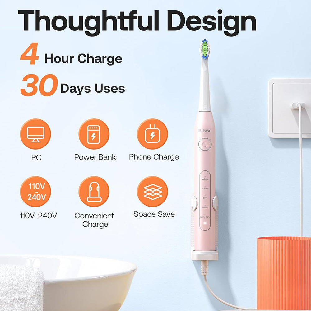 Bitvae - Electric Toothbrush Daily (D2) - Ultrasonic, 8 Heads, Case, Timer, 5 Modes, W-shape Bristles, Rechargeable - Pi