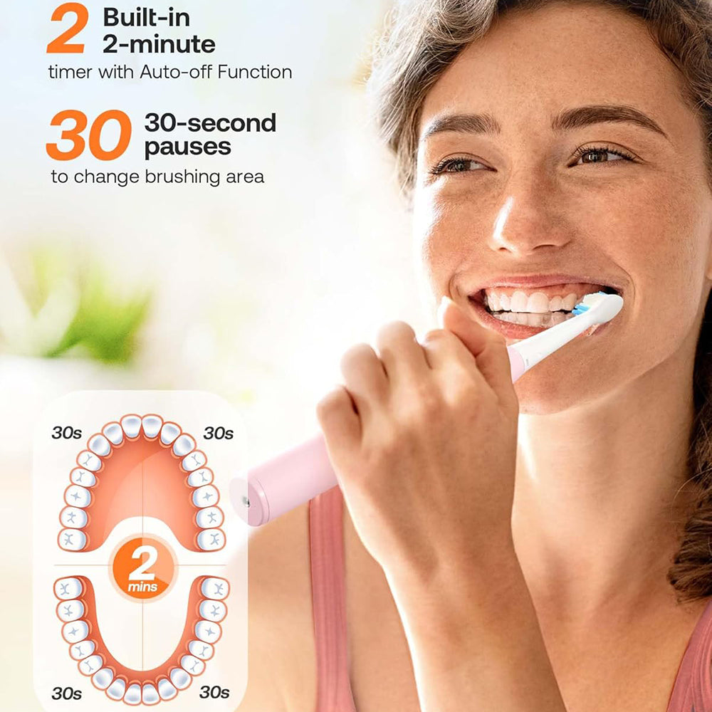 Bitvae - Electric Toothbrush Daily (D2) - Ultrasonic, 8 Heads, Case, Timer, 5 Modes, W-shape Bristles, Rechargeable - Pi
