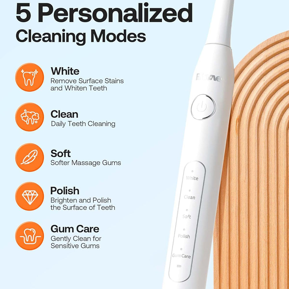Bitvae - Electric Toothbrush Daily (D2) - Ultrasonic, 8 Heads, Case, Timer, 5 Modes, W-shape Bristles, Rechargeable - Pi