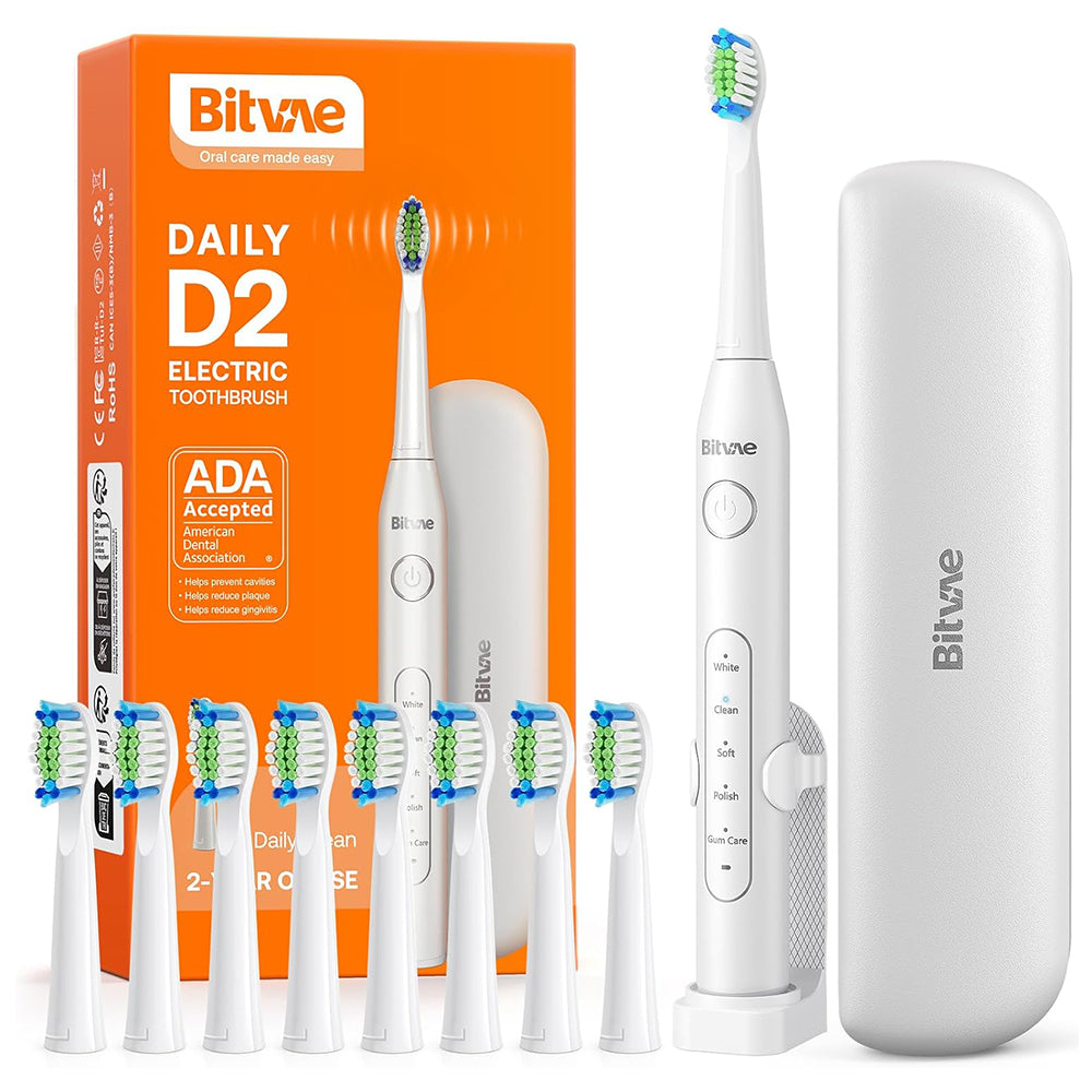 Bitvae - Electric Toothbrush Daily (D2) - Ultrasonic, 8 Heads, Case, Timer, 5 Modes, W-shape Bristles, Rechargeable - Wh