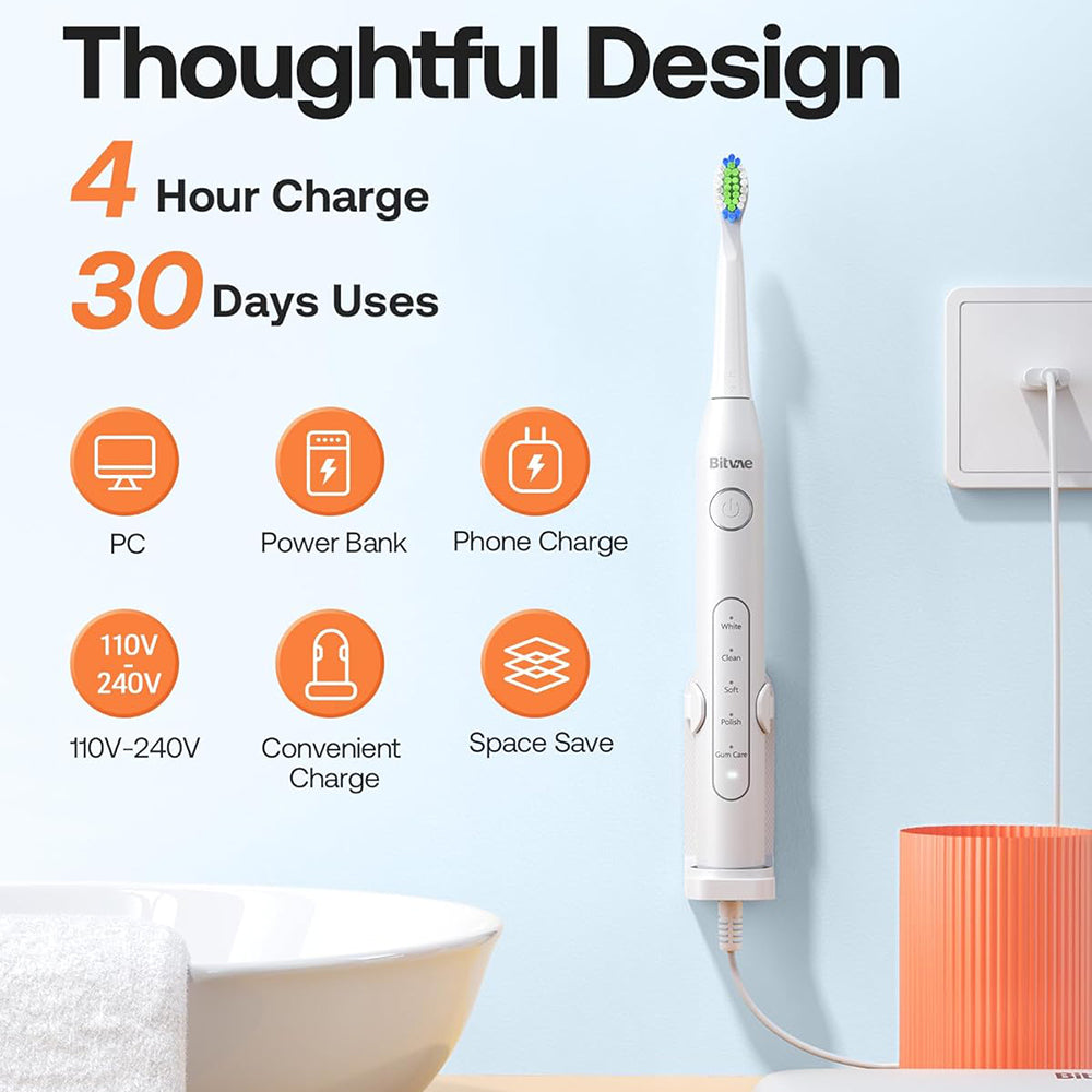 Bitvae - Electric Toothbrush Daily (D2) - Ultrasonic, 8 Heads, Case, Timer, 5 Modes, W-shape Bristles, Rechargeable - Wh