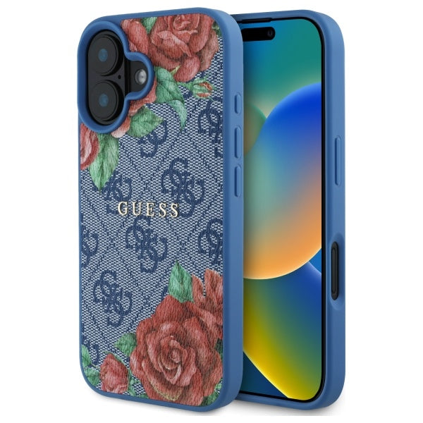 Husa pentru iPhone 16 - Guess Hardcase 4G Flower Print MagSafe (GUHMP16SP4ROPEMCB) - Blue