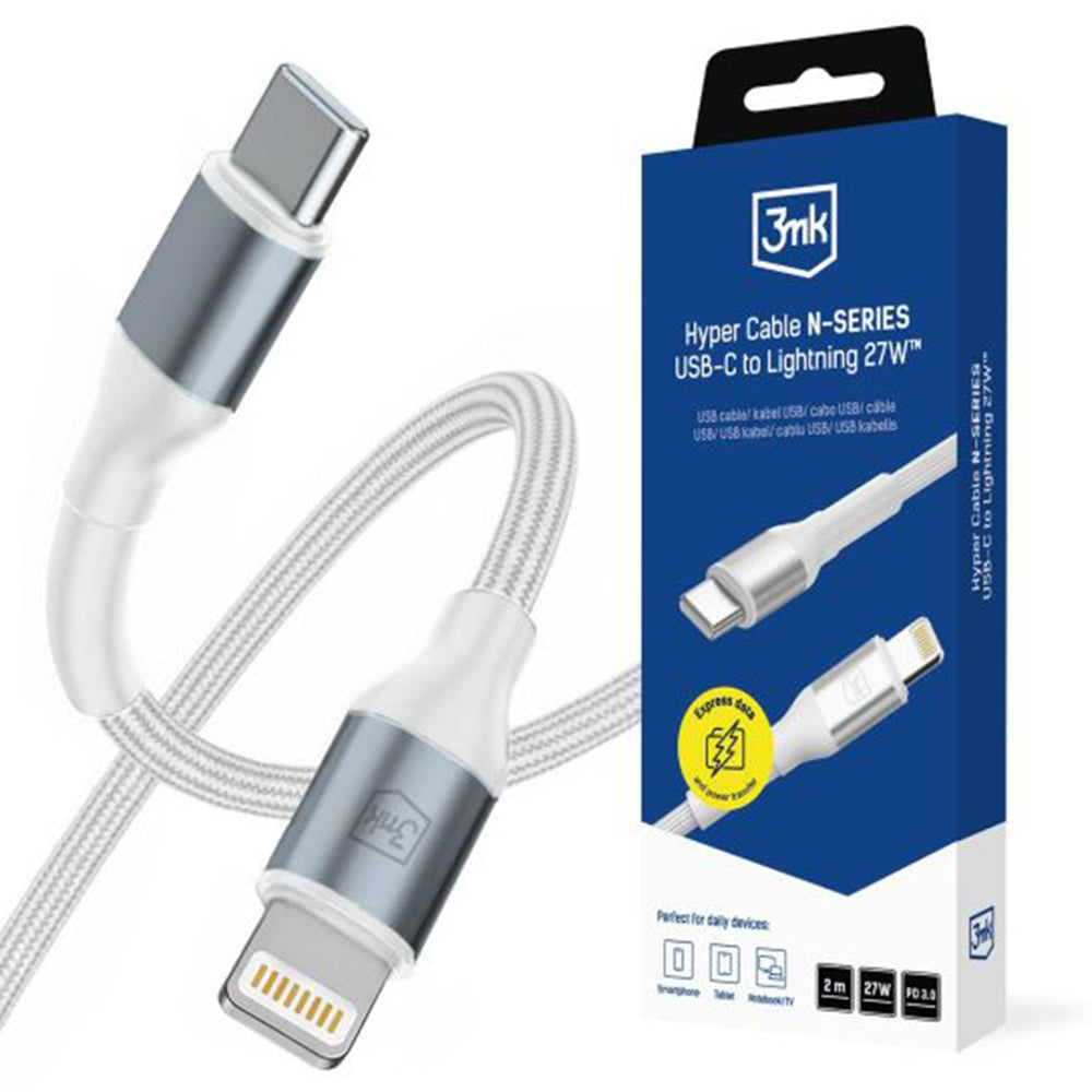 Cablu 3mk Hyper N-Series, USB-C la Lightning, 27W, 2m, Alb