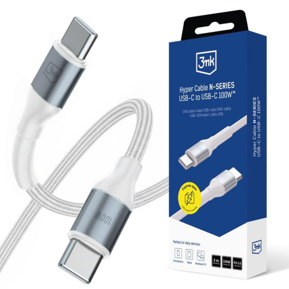 Cablu 3mk Hyper N-Series, USB-C, 100W, 2m, Alb