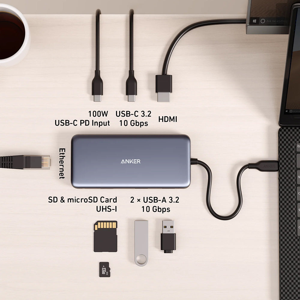 Hub Anker A83830A2, HDMI / USB / USB-C / Ethernet, 10Gbps, Gri