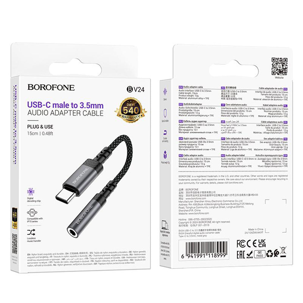 Adaptor Borofone USB-C la Jack 3.5mm (BV24), DAC Chip, Gri