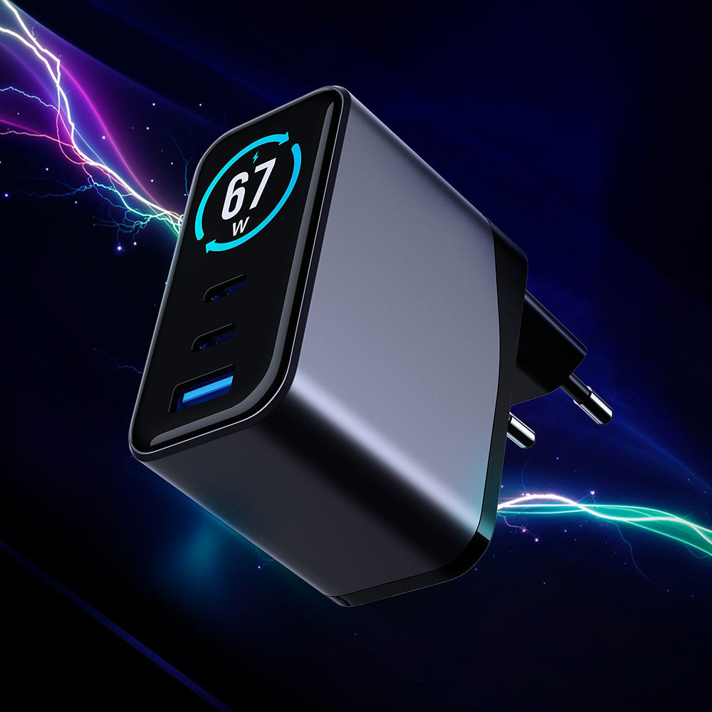 Incarcator 3mk incharge® Lumin, 2x Type-C / 1x USB-A, 67W GaN, Ecran TFT, Negru