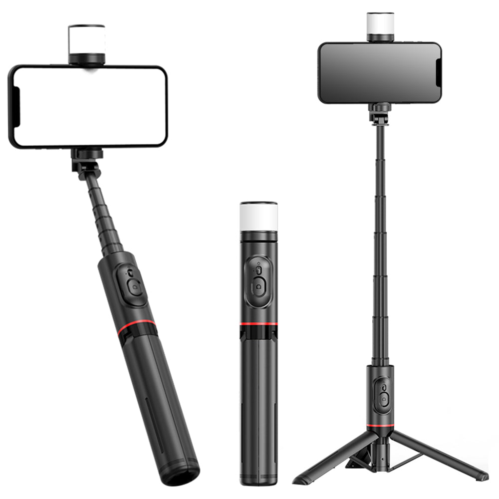 Techsuit - Selfie Stick (Q12S) - Stable Tripod Mount with Bluetooth Remote and LED Light, 75cm - Black