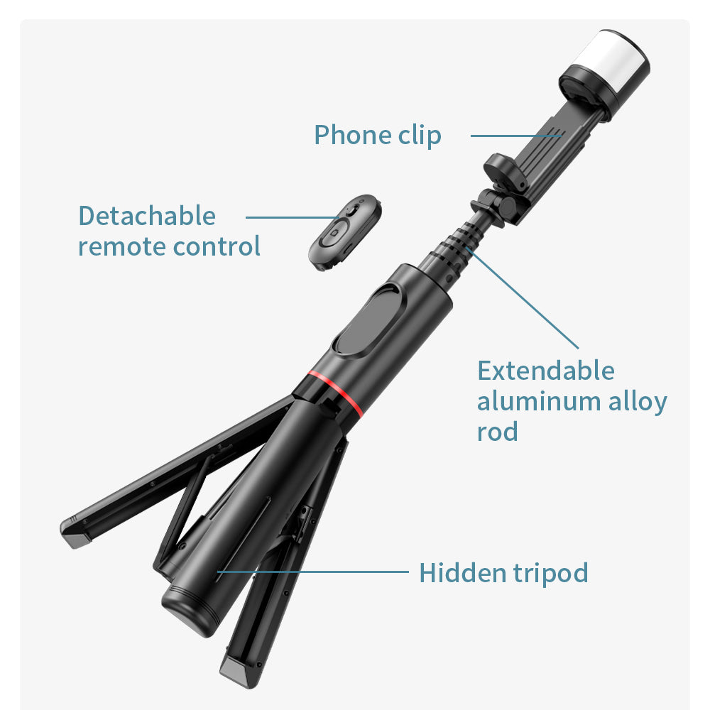Techsuit - Selfie Stick (Q12S) - Stable Tripod Mount with Bluetooth Remote and LED Light, 75cm - Black