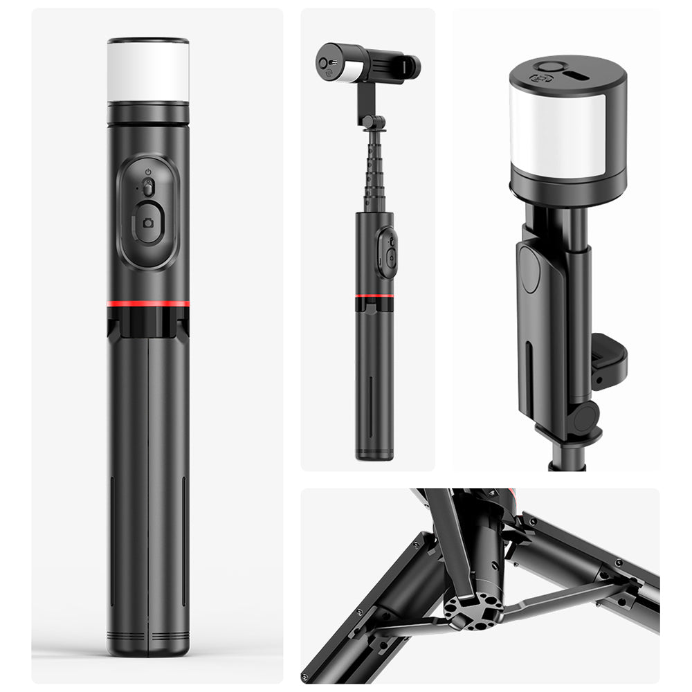 Techsuit - Selfie Stick (Q12S) - Stable Tripod Mount with Bluetooth Remote and LED Light, 75cm - Black