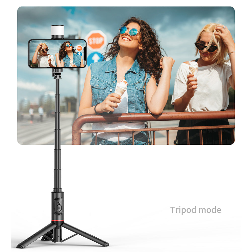 Techsuit - Selfie Stick (Q12S) - Stable Tripod Mount with Bluetooth Remote and LED Light, 75cm - Black