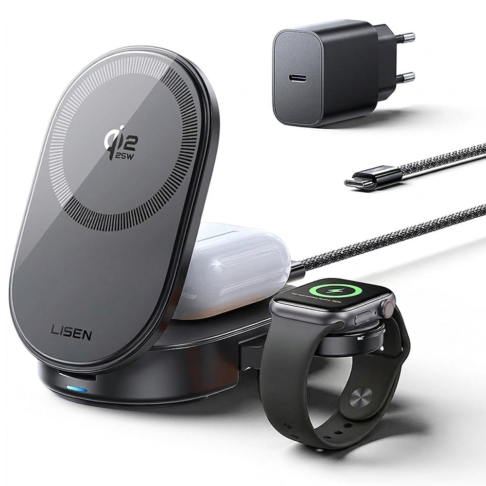 Incarcator Lisen (W121), Wireless 3-in-1, 25W, MagSafe, Negru