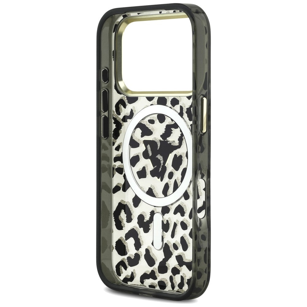 Husa de protectie Guess Leopard Glitter Triangle Logo MagSafe compatibil cu iPhone 18 Pro Max / iPhone 17 Pro Max, Negru