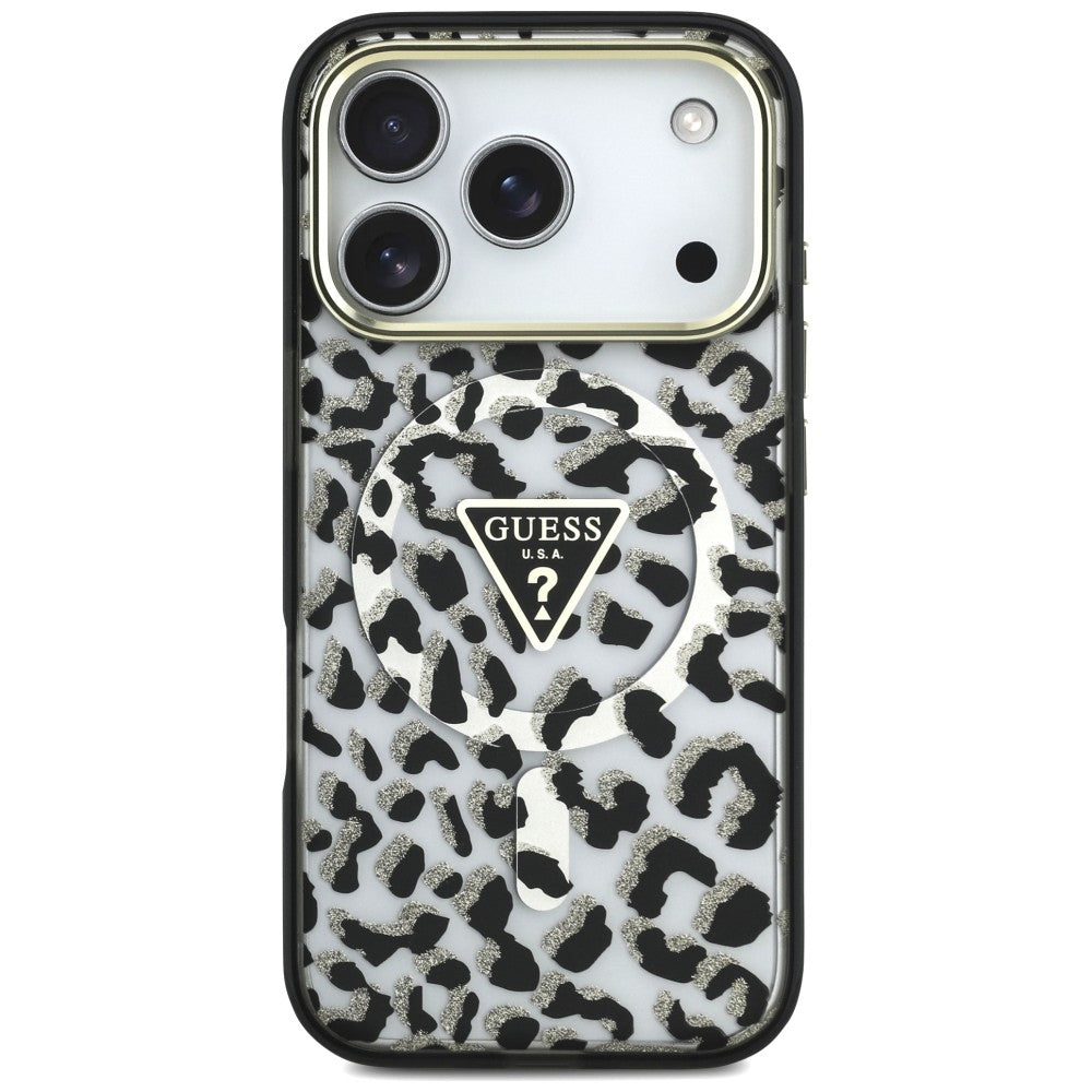 Husa de protectie Guess Leopard Glitter Triangle Logo MagSafe compatibil cu iPhone 18 Pro Max / iPhone 17 Pro Max, Negru