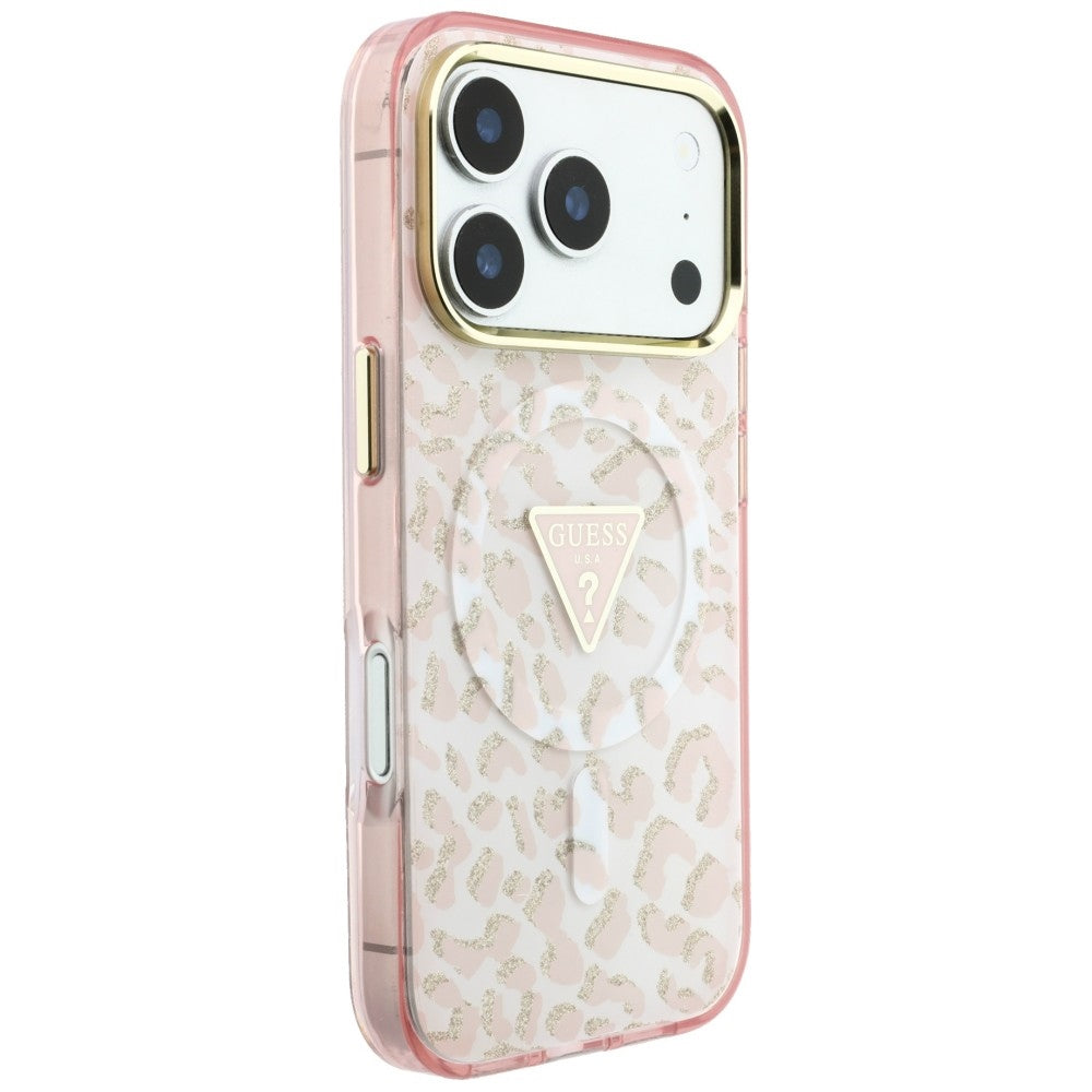 Husa de protectie Guess Leopard Glitter Triangle Logo MagSafe compatibil cu iPhone 18 Pro Max / iPhone 17 Pro Max, Roz