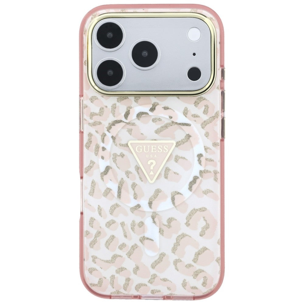 Husa de protectie Guess Leopard Glitter Triangle Logo MagSafe compatibil cu iPhone 18 Pro Max / iPhone 17 Pro Max, Roz