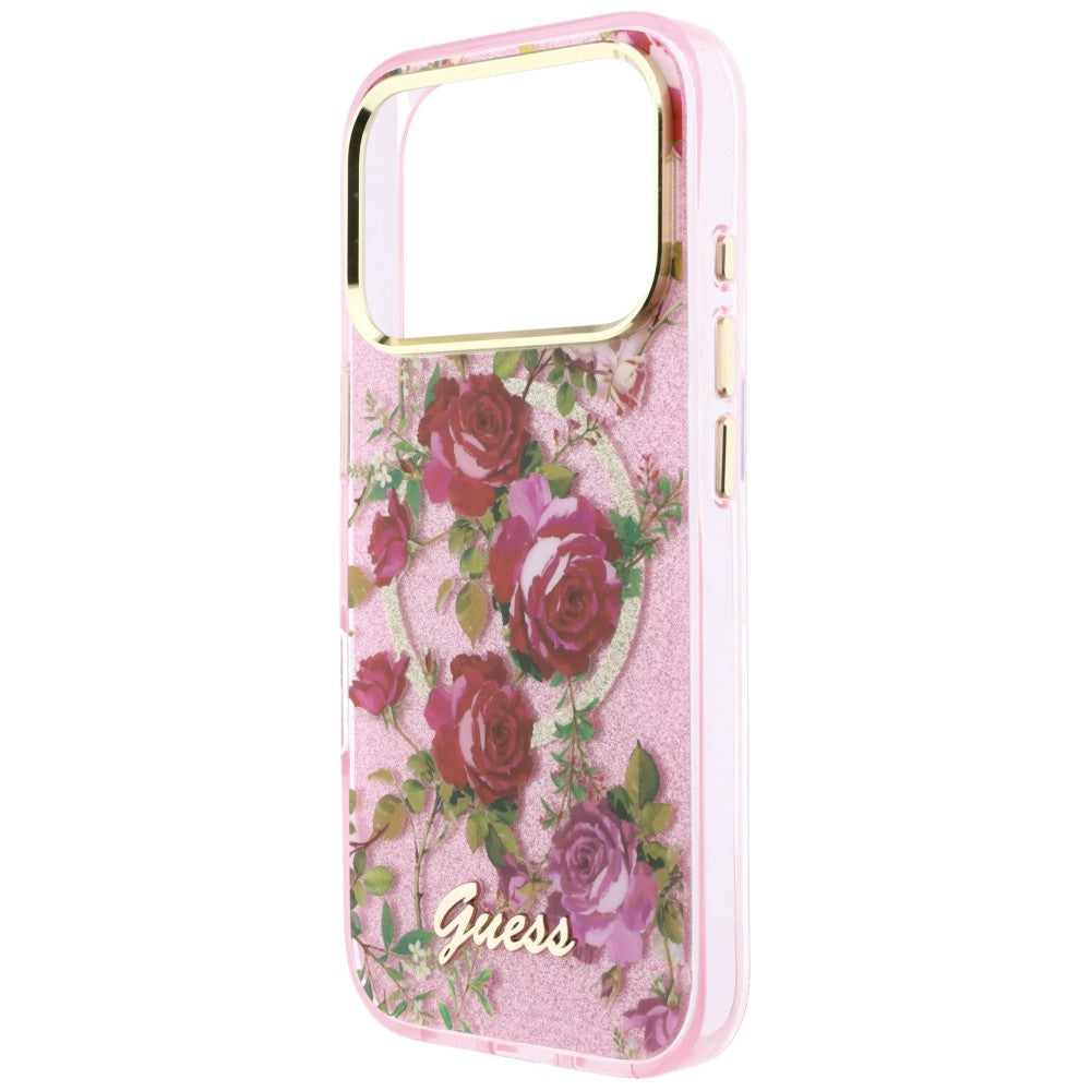 Husa de protectie Guess IML Glitter Blossom Roses compatibil cu iPhone 18 Pro / iPhone 17 Pro, Roz