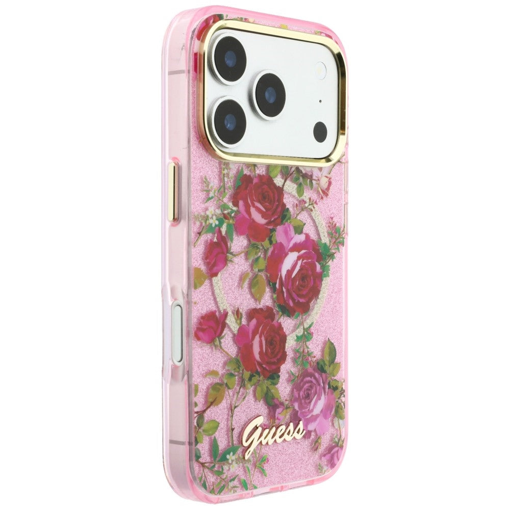 Husa de protectie Guess IML Glitter Blossom Roses compatibil cu iPhone 18 Pro / iPhone 17 Pro, Roz