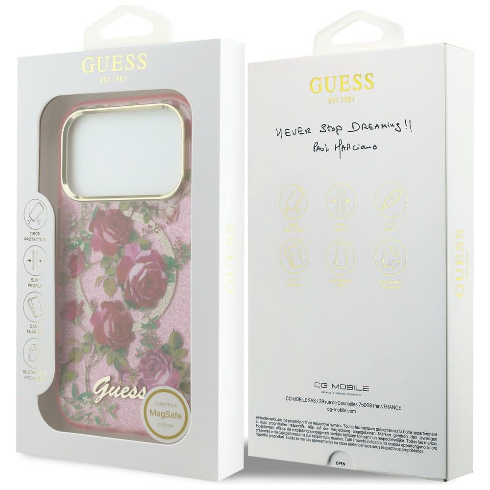 Husa de protectie Guess IML Glitter Blossom Roses compatibil cu iPhone 18 Pro / iPhone 17 Pro, Roz