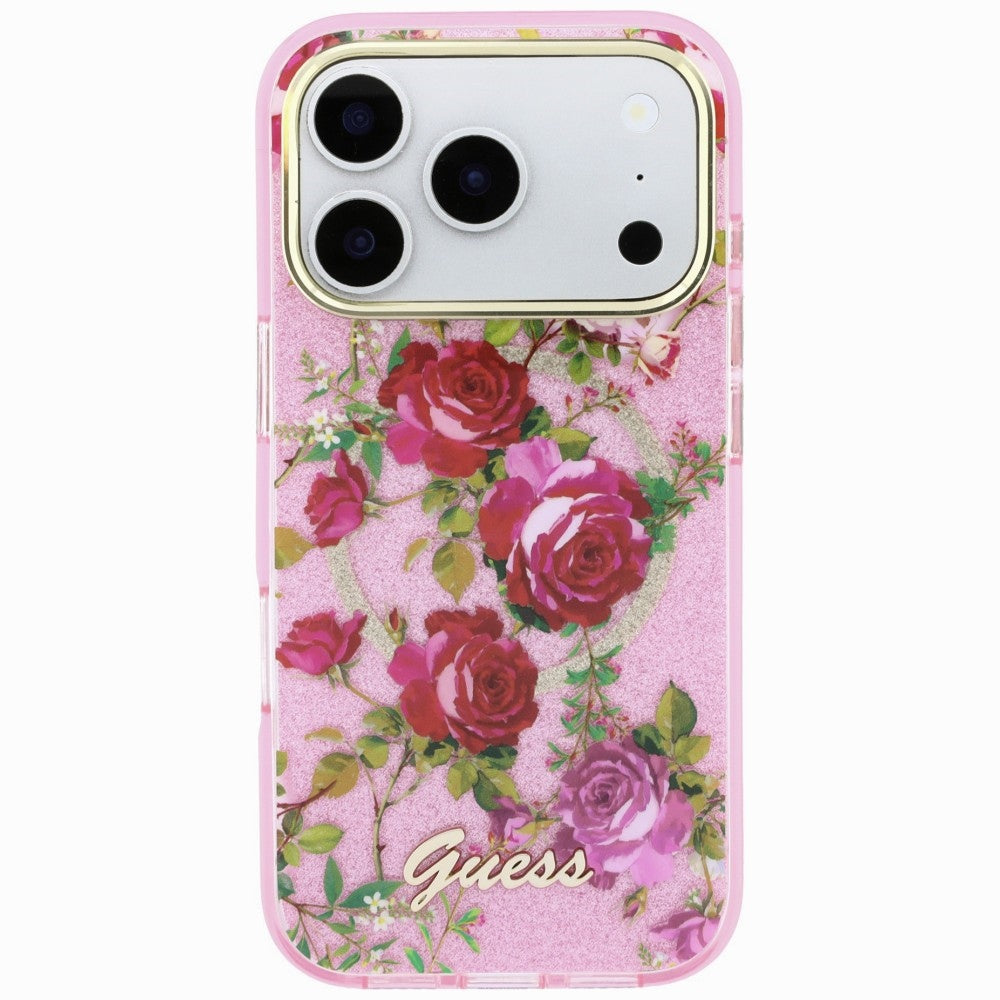 Husa de protectie Guess IML Glitter Blossom Roses compatibil cu iPhone 18 Pro / iPhone 17 Pro, Roz