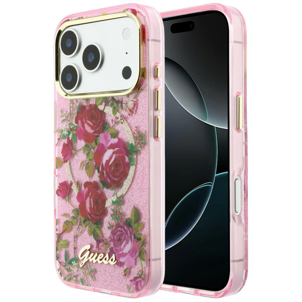 Husa de protectie Guess IML Glitter Blossom Roses compatibil cu iPhone 18 Pro / iPhone 17 Pro, Roz