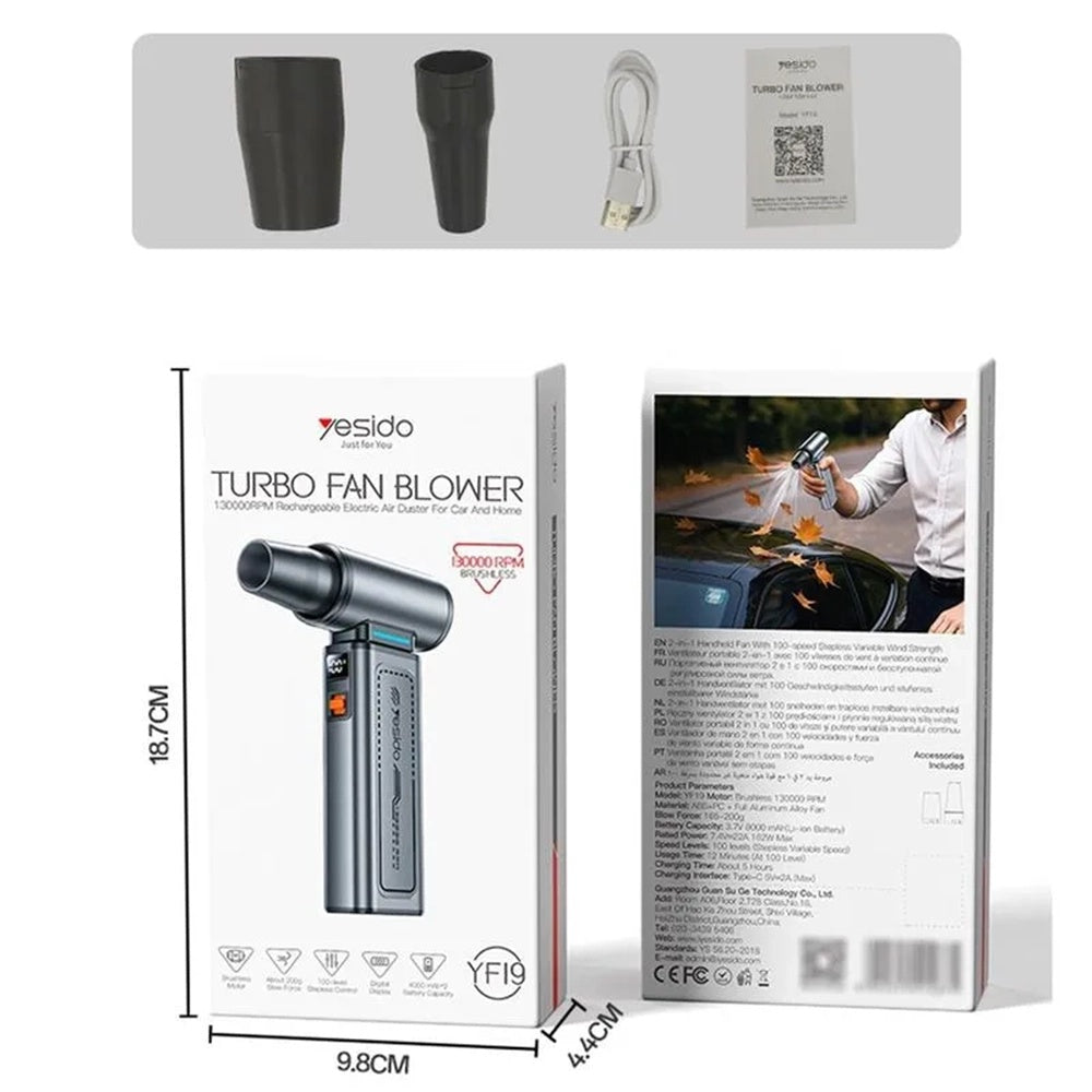 Ventilator portabil Yesido YF19, 130000RPM, Motor Brushless, Gri