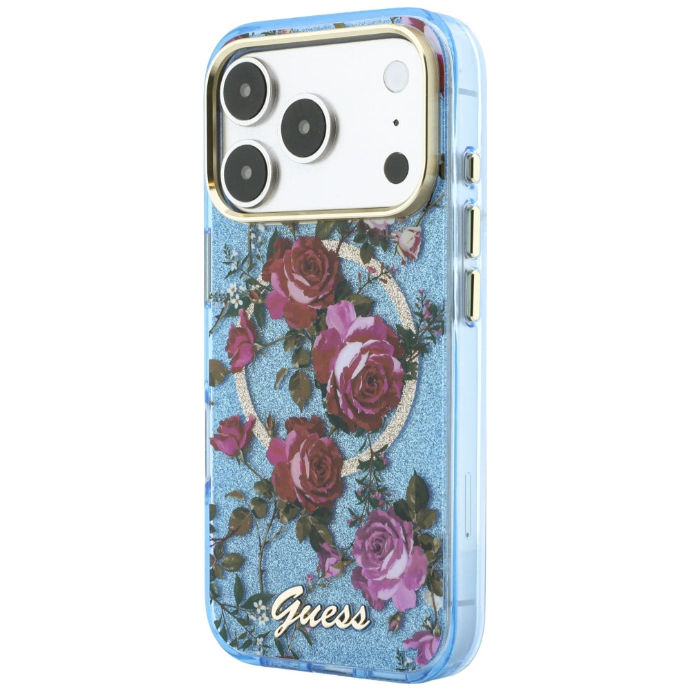Husa de protectie Guess IML Glitter Blossom Roses compatibil cu iPhone 17 Pro Max / iPhone 18 Pro Max, Albastru