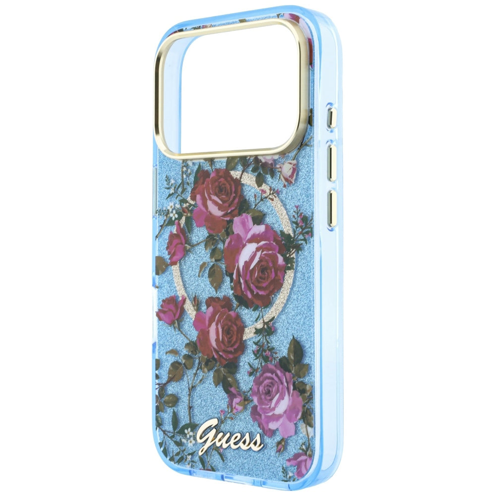 Husa de protectie Guess IML Glitter Blossom Roses compatibil cu iPhone 17 Pro Max / iPhone 18 Pro Max, Albastru