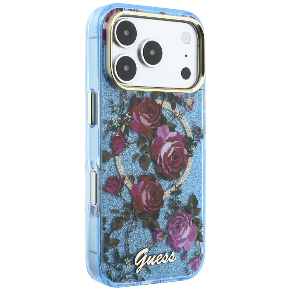 Husa de protectie Guess IML Glitter Blossom Roses compatibil cu iPhone 17 Pro Max / iPhone 18 Pro Max, Albastru