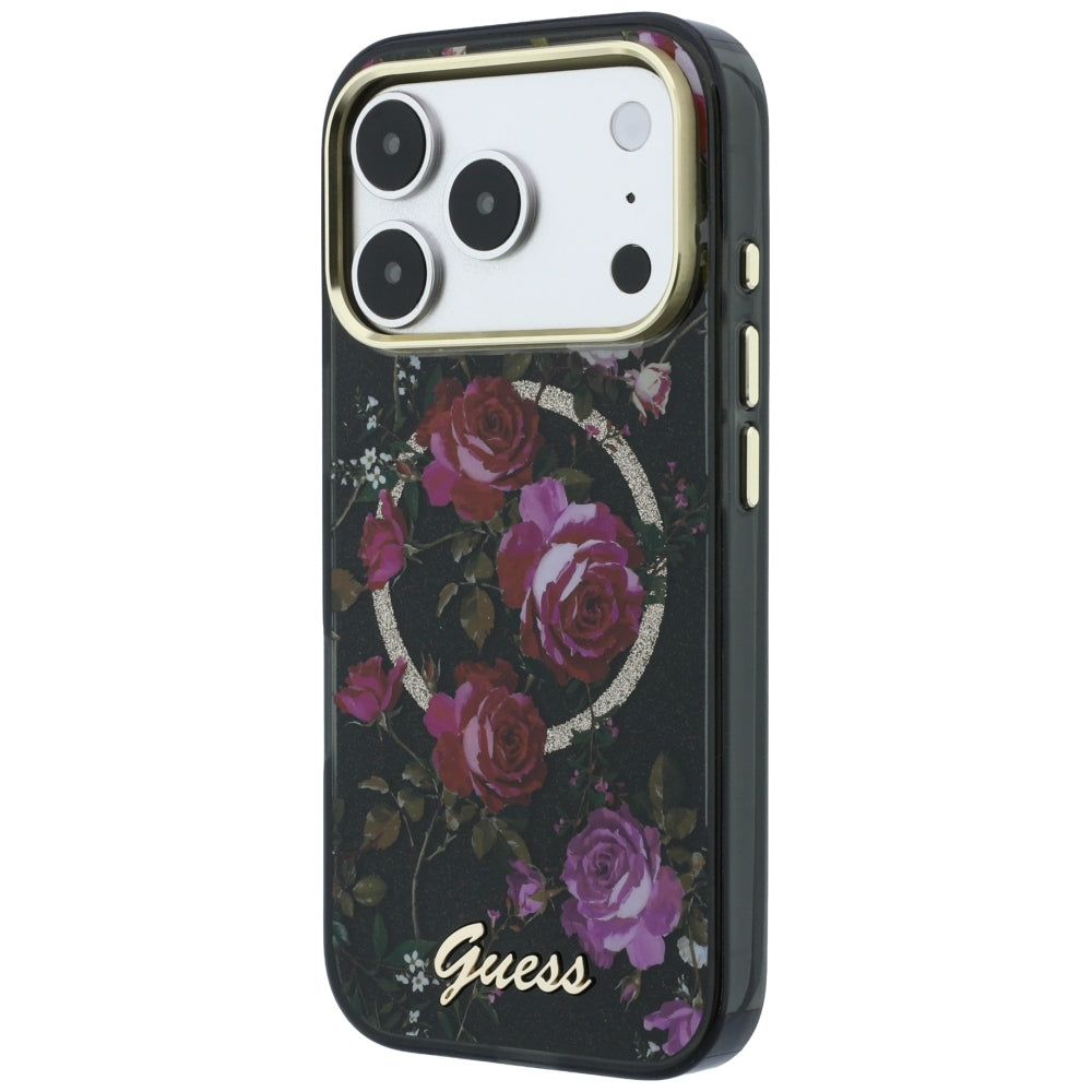 Husa de protectie Guess IML Glitter Blossom Roses compatibil cu iPhone 18 Pro / iPhone 17 Pro, Negru