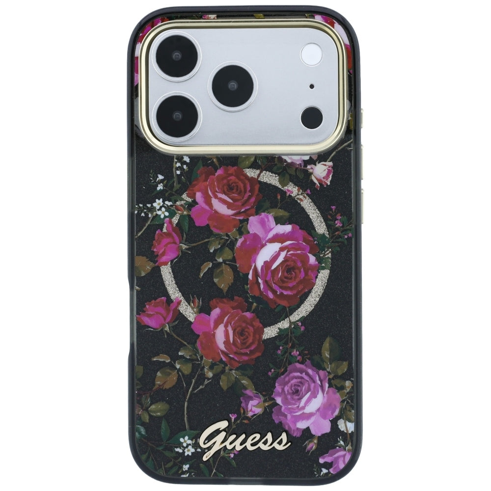 Husa de protectie Guess IML Glitter Blossom Roses compatibil cu iPhone 18 Pro / iPhone 17 Pro, Negru