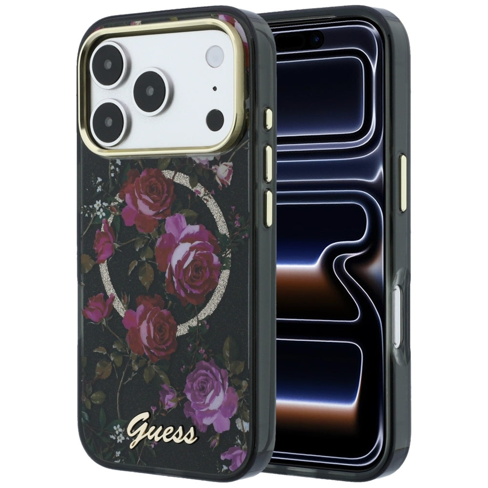 Husa de protectie Guess IML Glitter Blossom Roses compatibil cu iPhone 18 Pro / iPhone 17 Pro, Negru