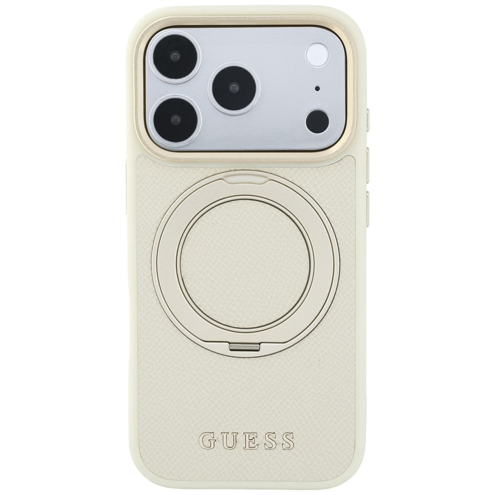 Husa de protectie Guess Grained Ring MagSafe compatibil cu iPhone 17 Pro Max / iPhone 18 Pro Max, Bej