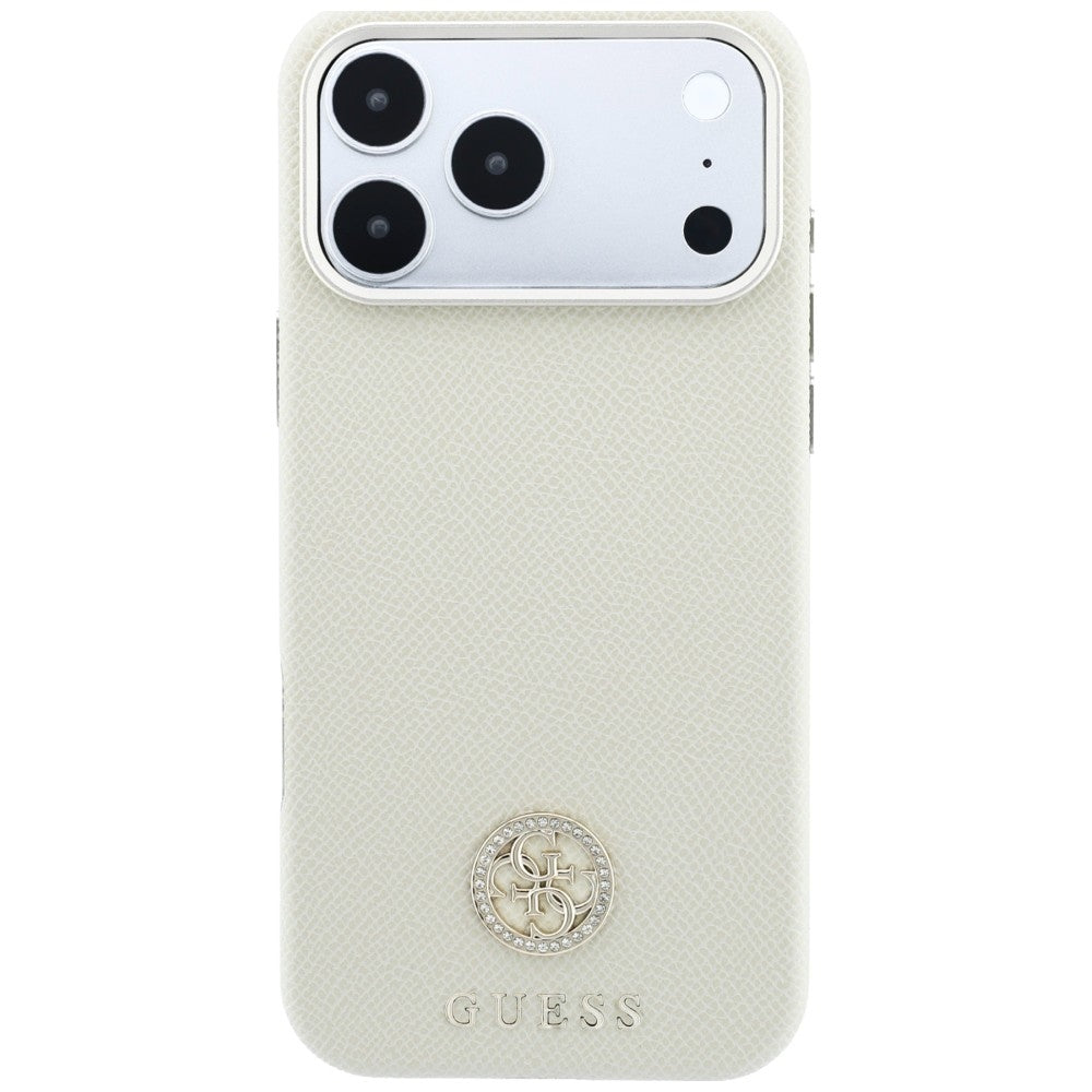 Husa de protectie Guess Grained Leather Round Strass Logo MagSafe compatibil cu iPhone 18 Pro Max / iPhone 17 Pro Max, Bej
