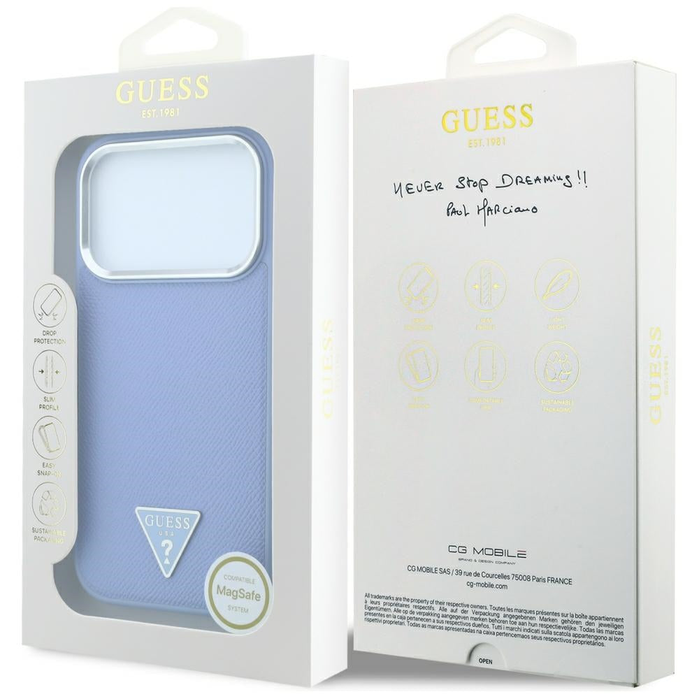 Husa de protectie Guess Grained Triangle Logo MagSafe compatibil cu iPhone 18 Pro / iPhone 17 Pro, Albastru