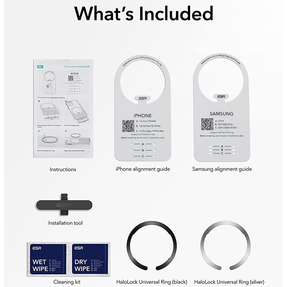 ESR - Adapter HaloLock (2 pack) - Compatible with MagSafe, Universal Phone Ring for Samsung, iPhone - Black/Silver