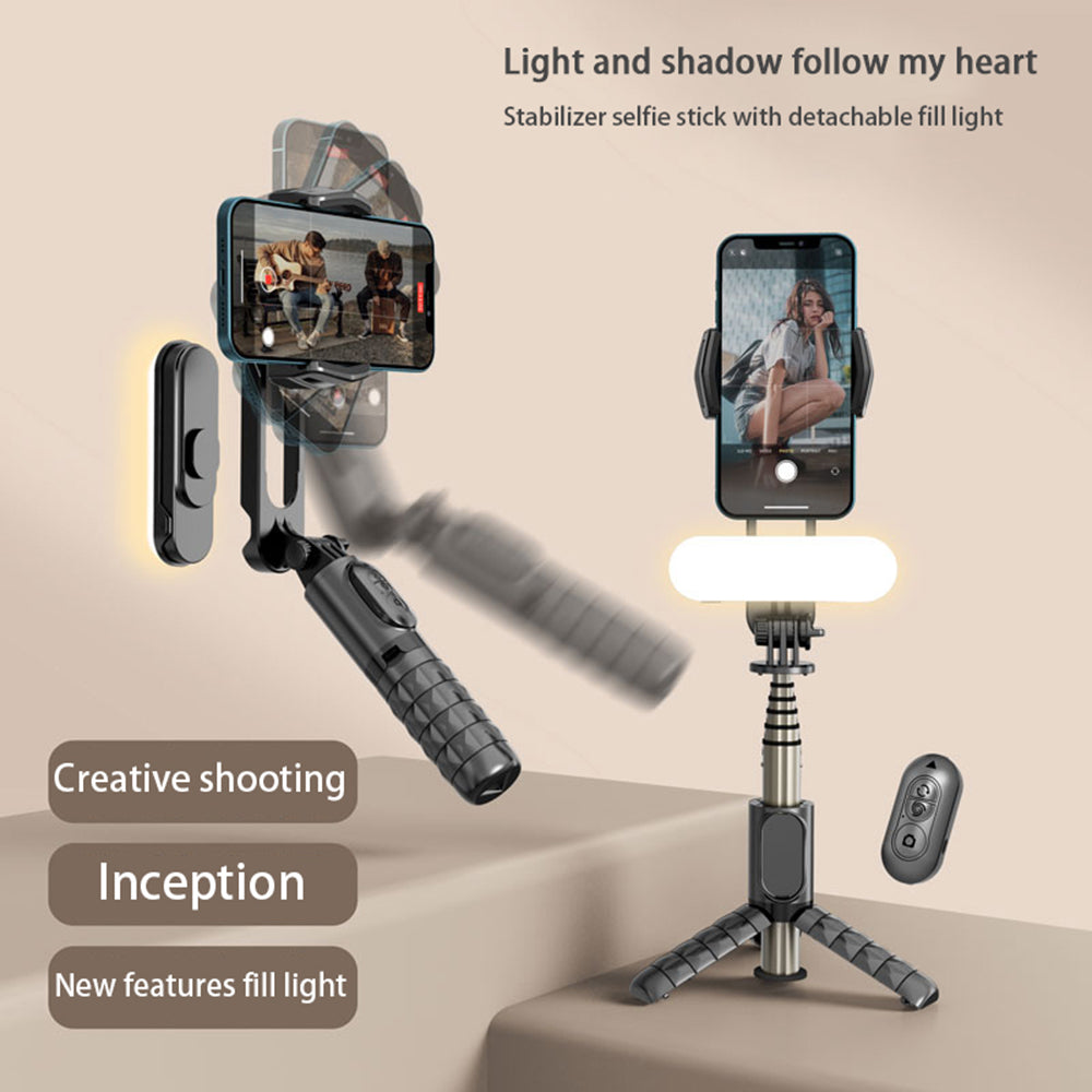 Techsuit - Gimbal Mini Selfie Stick (Q09) - Stabilizer Tripod with LED Light and Bluetooth Remote Control, 70cm - Black