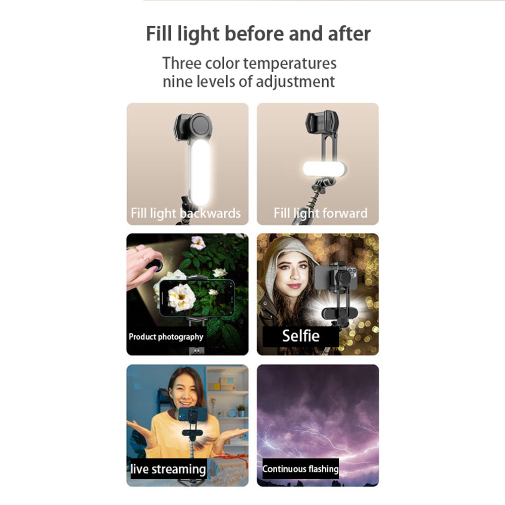 Techsuit - Gimbal Mini Selfie Stick (Q09) - Stabilizer Tripod with LED Light and Bluetooth Remote Control, 70cm - Black