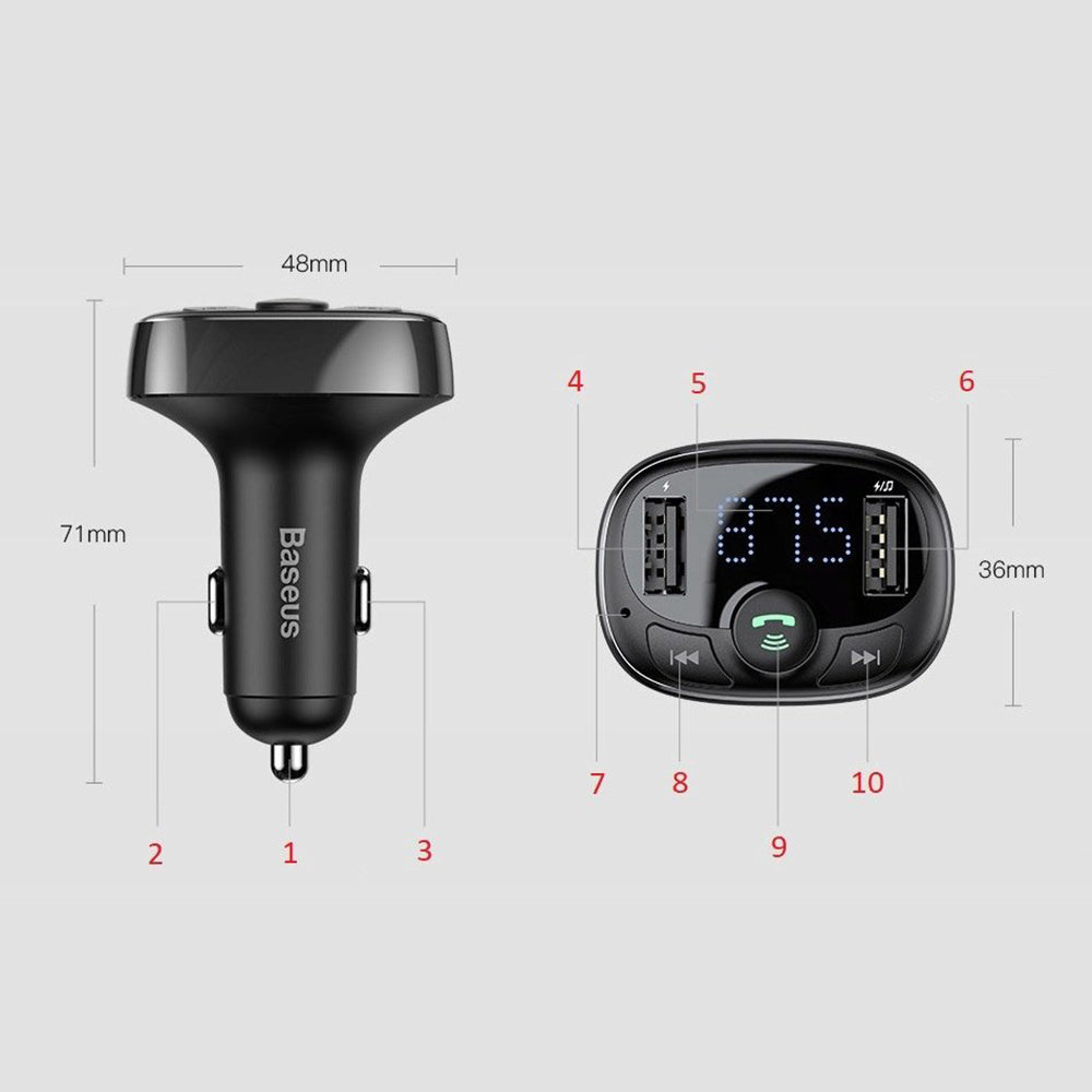 Baseus - FM Modulator and Car Charger S-09A (CCMT000001) - T Typed, 2xUSB-A with LED Display - Black