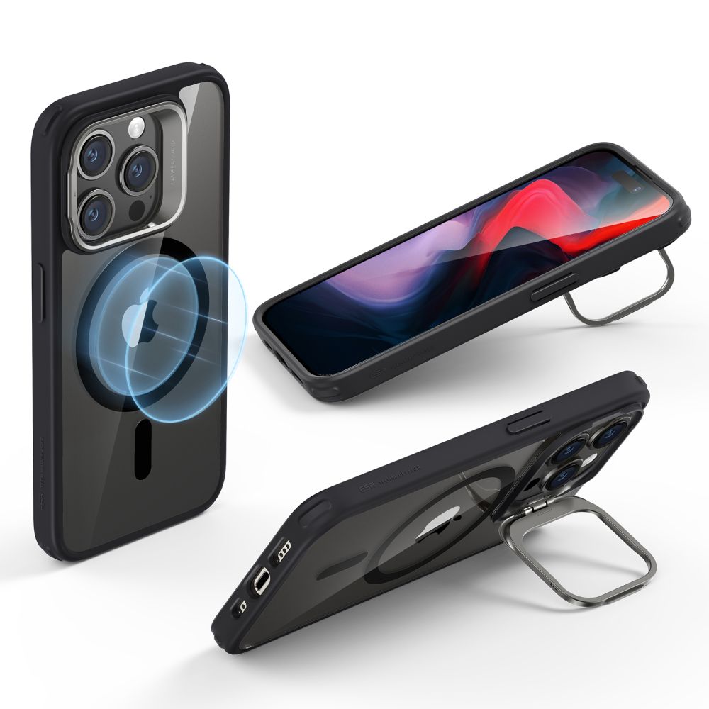 ESR - Classic Hybrid HaloLock Kickstand - iPhone 15 Pro - Clear Black