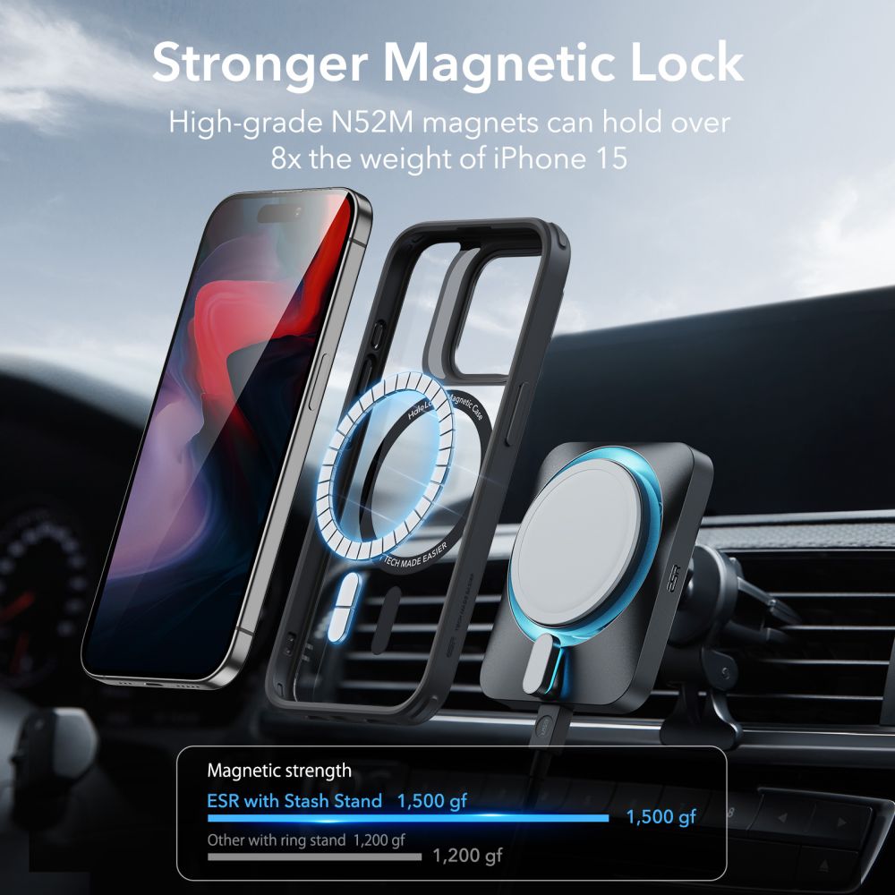 ESR - Classic Hybrid HaloLock Kickstand - iPhone 15 Pro - Clear Black