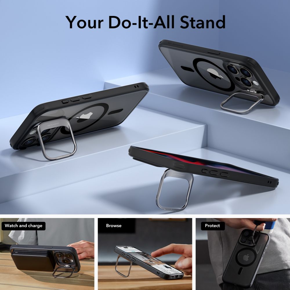 ESR - Classic Hybrid HaloLock Kickstand - iPhone 15 Pro - Clear Black